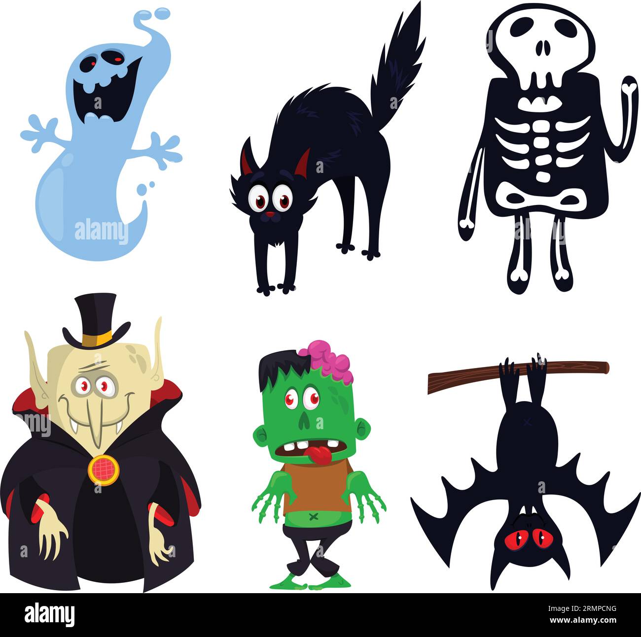 Comic lustige Halloween Charaktere Set. Vektor-Illustration von Monster Geister Vampirfledermaus schwarzer Katze und grimmigem Sensenmann Stock Vektor