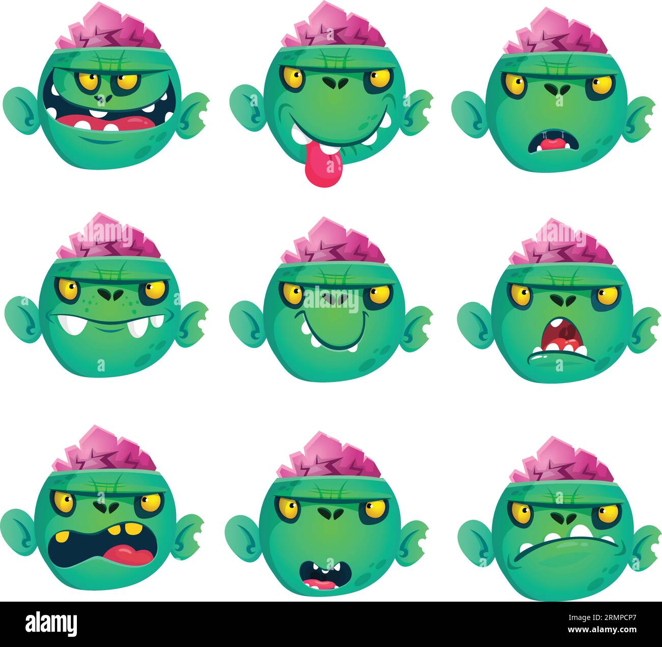 Zeichentrick Zombie Gesichtsausdrücke Set. Vektor-Illustration verschiedener grüner gruseliger Zombiegefühle isoliert auf weiß Stock Vektor