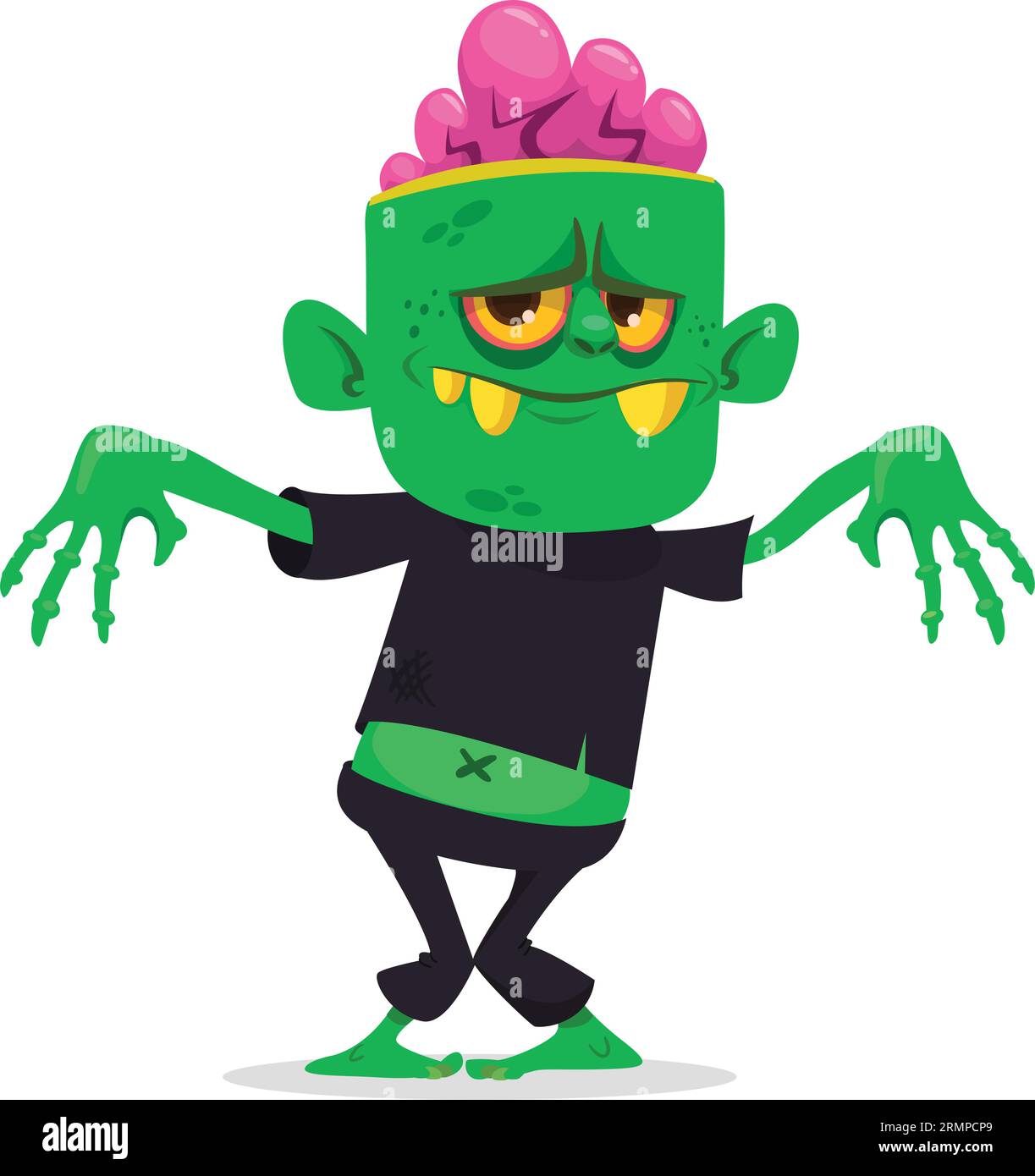 Lustiger grüner Zombie mit rosafarbenem Gehirn außerhalb des Kopfes. „Walking Dead“-Charakter. Halloween Vektor Illustration isoliert Stock Vektor