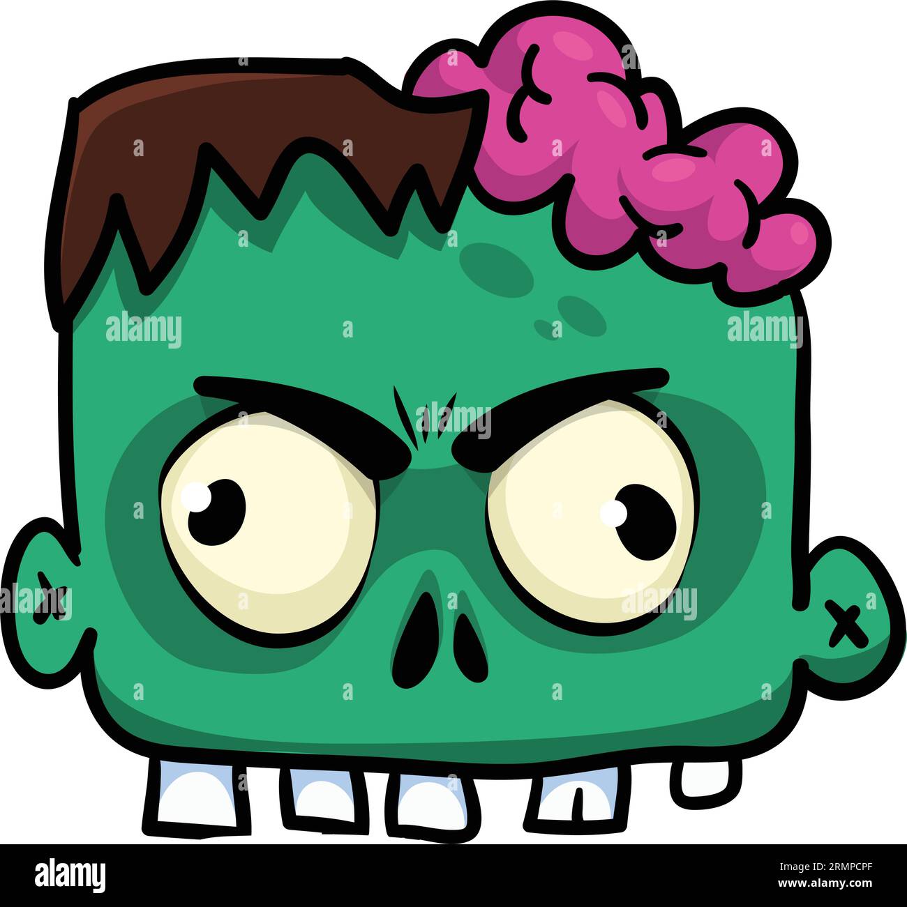 Karikatur wütender Zombie. Halloween-Vektor-Illustration des lustigen Zombiestöhnens mit weit offenem Mund voller Zähne. Ideal für Dekoration oder Verpackungsdesign Stock Vektor