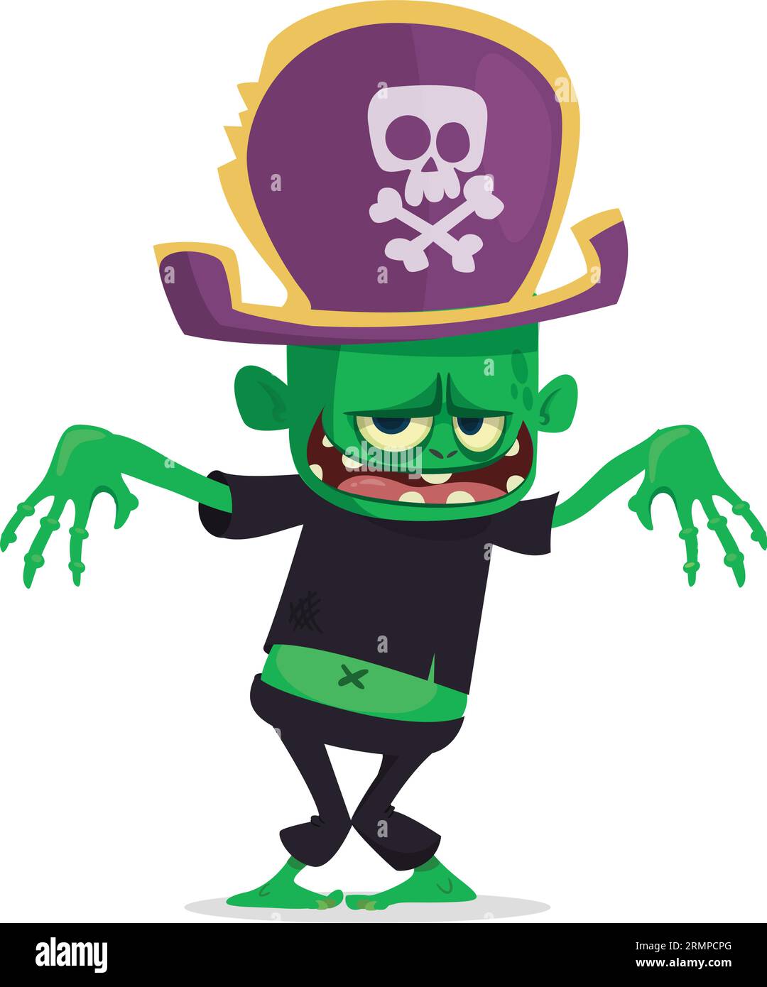 Lustiger grüner Zombie mit rosafarbenem Gehirn außerhalb des Kopfes. „Walking Dead“-Charakter. Halloween Vektor Illustration isoliert Stock Vektor