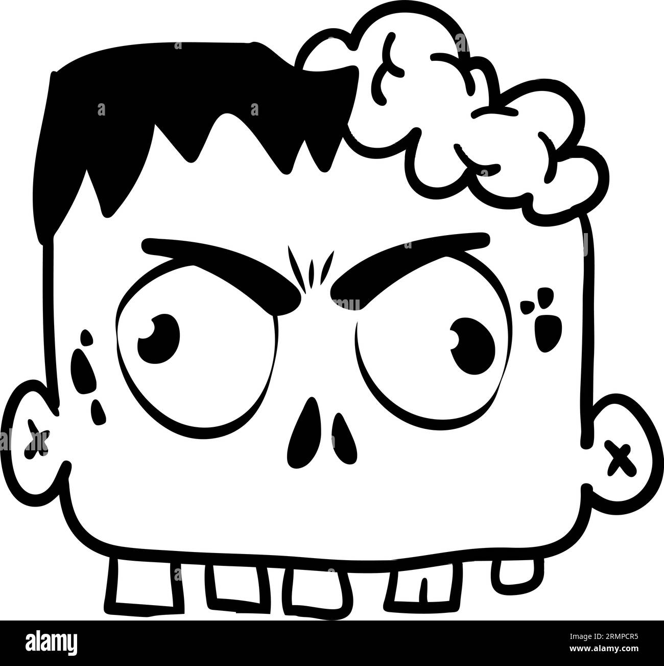 Karikatur wütender Zombie. Halloween-Vektor-Illustration des lustigen Zombiestöhnens mit weit offenem Mund voller Zähne. Konturzeichnung umrissen Stock Vektor