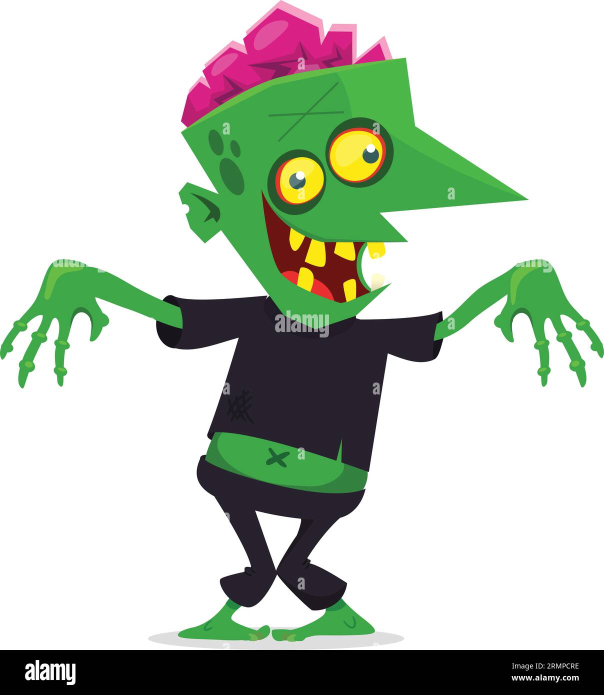 Lustiger grüner Zombie mit rosafarbenem Gehirn außerhalb des Kopfes. „Walking Dead“-Charakter. Halloween Vektor Illustration isoliert Stock Vektor