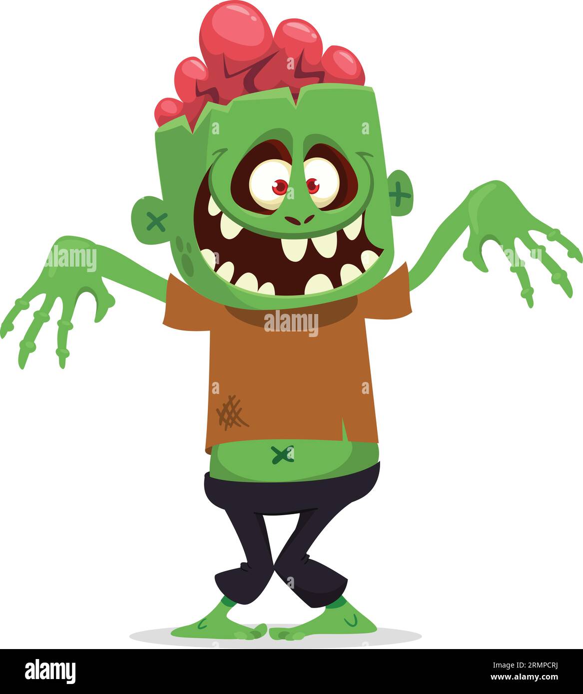 Lustiger grüner Zombie mit rosafarbenem Gehirn außerhalb des Kopfes. „Walking Dead“-Charakter. Halloween Vektor Illustration isoliert Stock Vektor