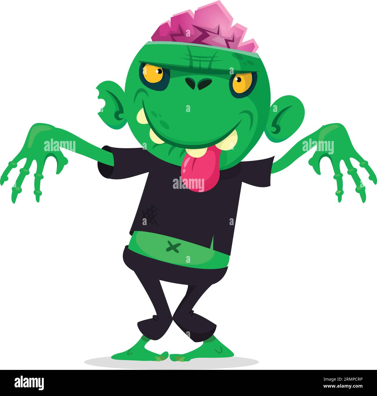 Lustiger grüner Zombie mit rosafarbenem Gehirn außerhalb des Kopfes. „Walking Dead“-Charakter. Halloween Vektor Illustration isoliert Stock Vektor