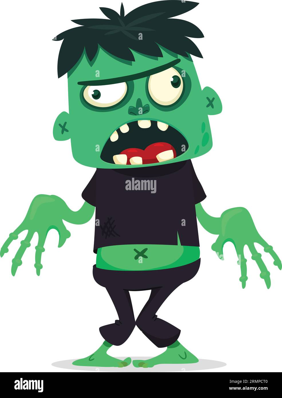 Lustiger grüner Zombie mit rosafarbenem Gehirn außerhalb des Kopfes. „Walking Dead“-Charakter. Halloween Vektor Illustration isoliert Stock Vektor