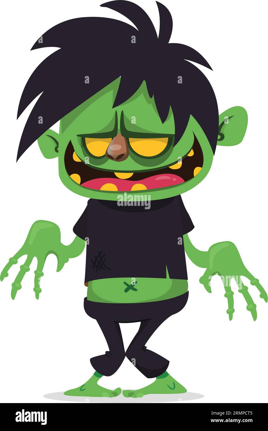 Lustiger grüner Zombie mit rosafarbenem Gehirn außerhalb des Kopfes. „Walking Dead“-Charakter. Halloween Vektor Illustration isoliert Stock Vektor