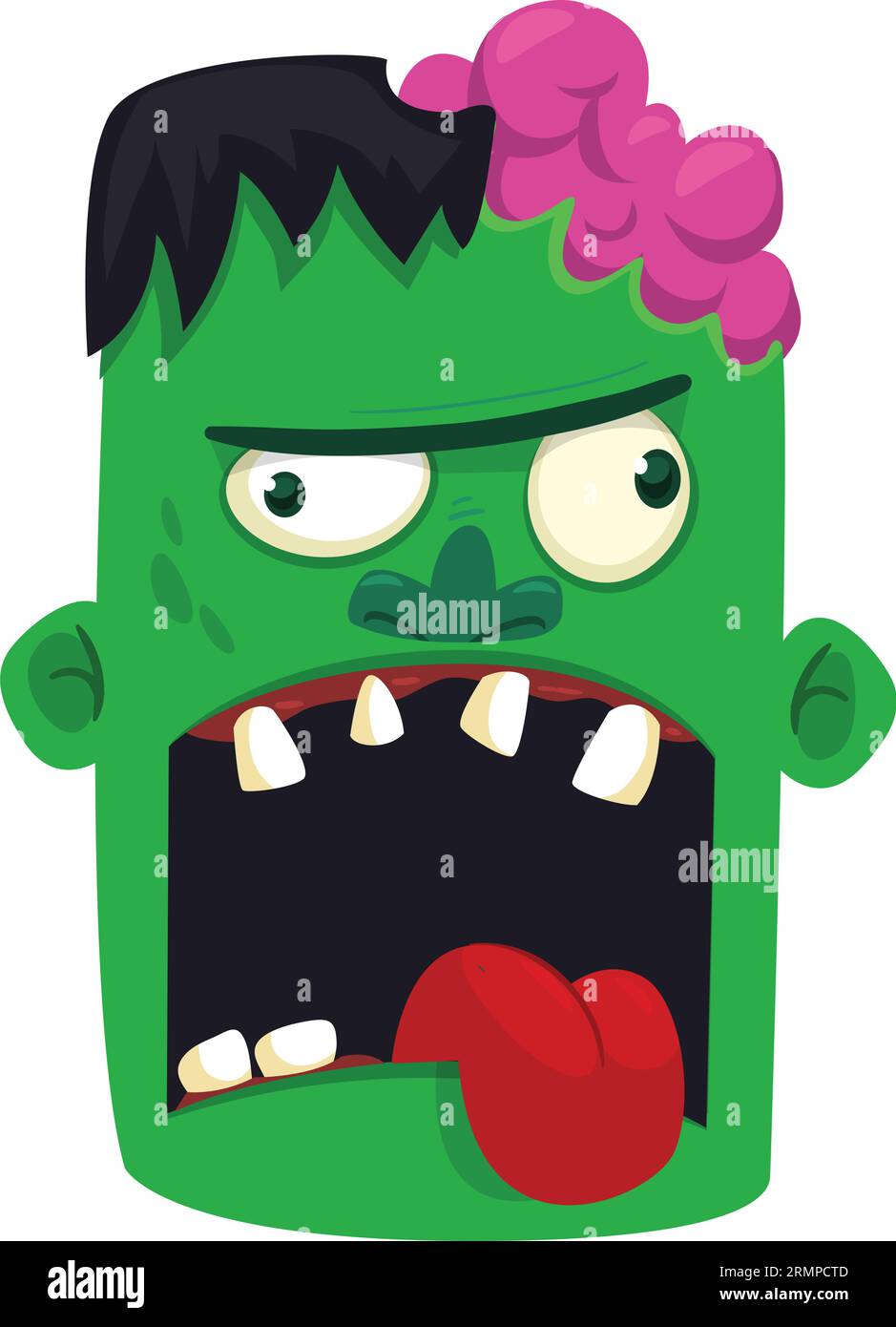 Lustiges grünes Zombie-Charakterdesign mit furchterregendem Gesichtsausdruck. Halloween Vektor Illustration isoliert auf weiß. Partyplakat, Paketdesign o Stock Vektor