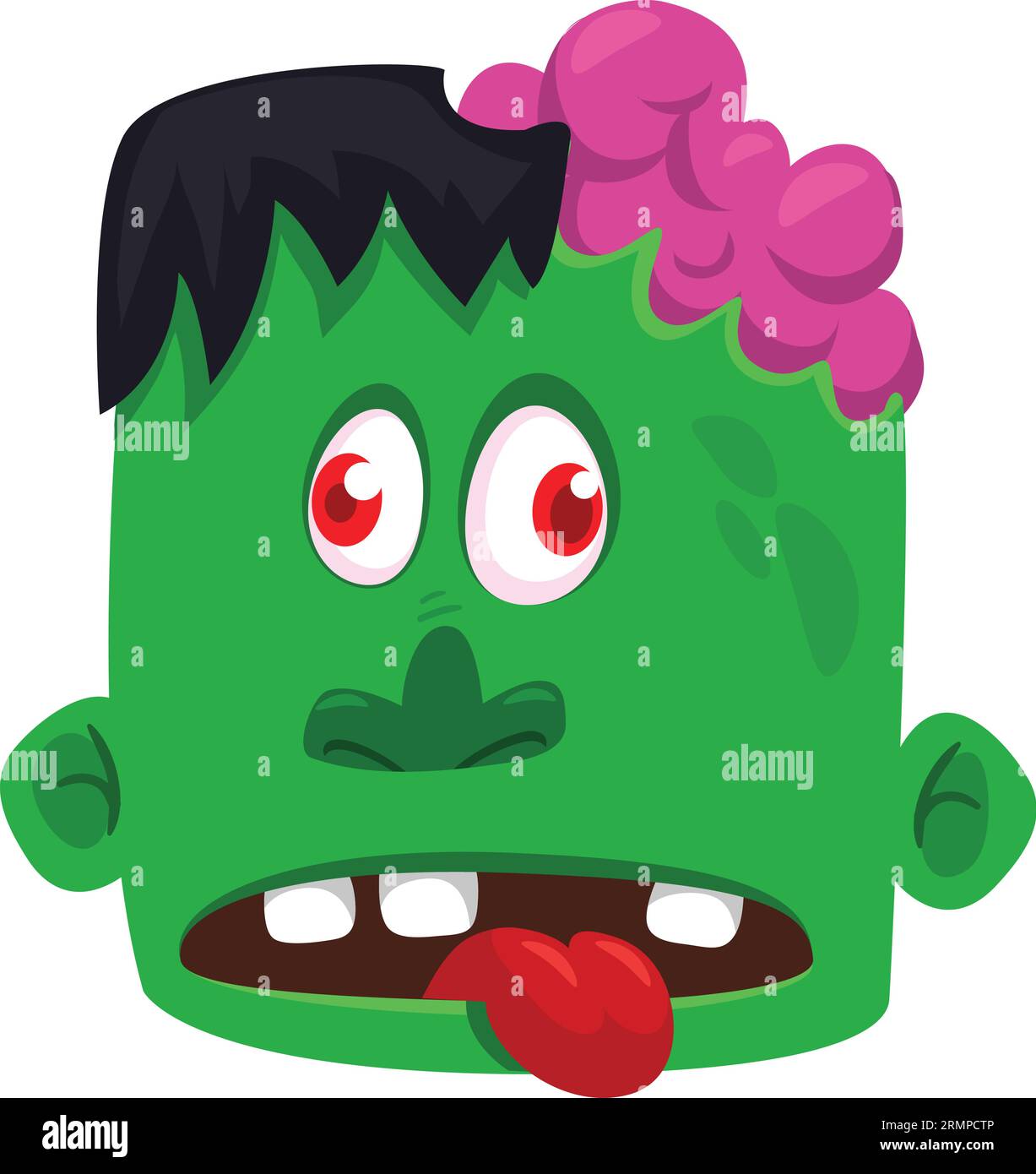 Karikatur wütender Zombiekopf. Halloween-Vektor-Illustration des lustigen Zombiestöhnens mit weit offenem Mund voller Zähne. Ideal für Dekoration oder Paket d Stock Vektor