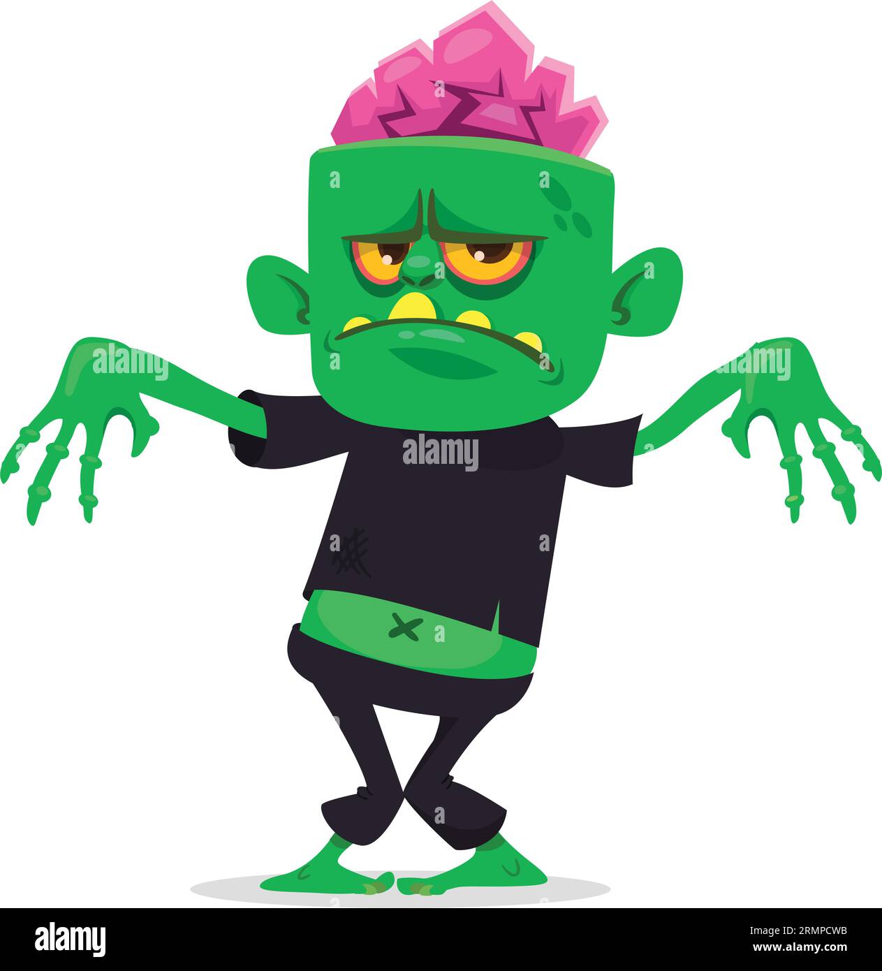 Lustiger grüner Zombie mit rosafarbenem Gehirn außerhalb des Kopfes. „Walking Dead“-Charakter. Halloween Vektor Illustration isoliert Stock Vektor