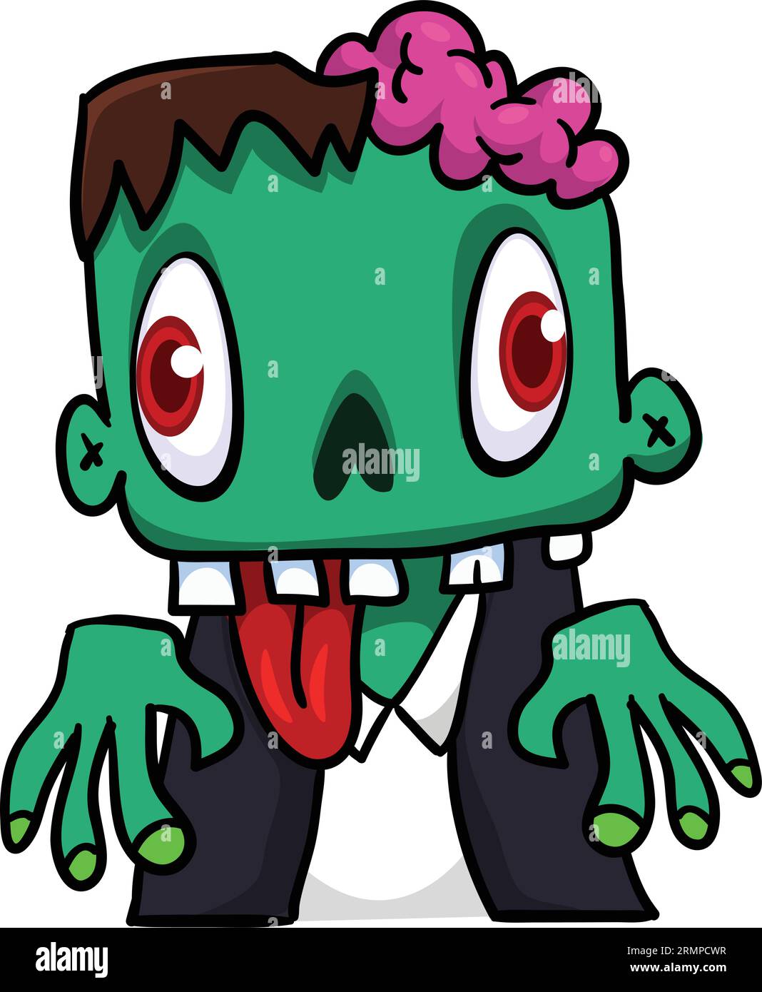 Karikatur wütender Zombie. Halloween-Vektor-Illustration des lustigen Zombiestöhnens mit weit offenem Mund voller Zähne. Ideal für Dekoration oder Verpackungsdesign Stock Vektor