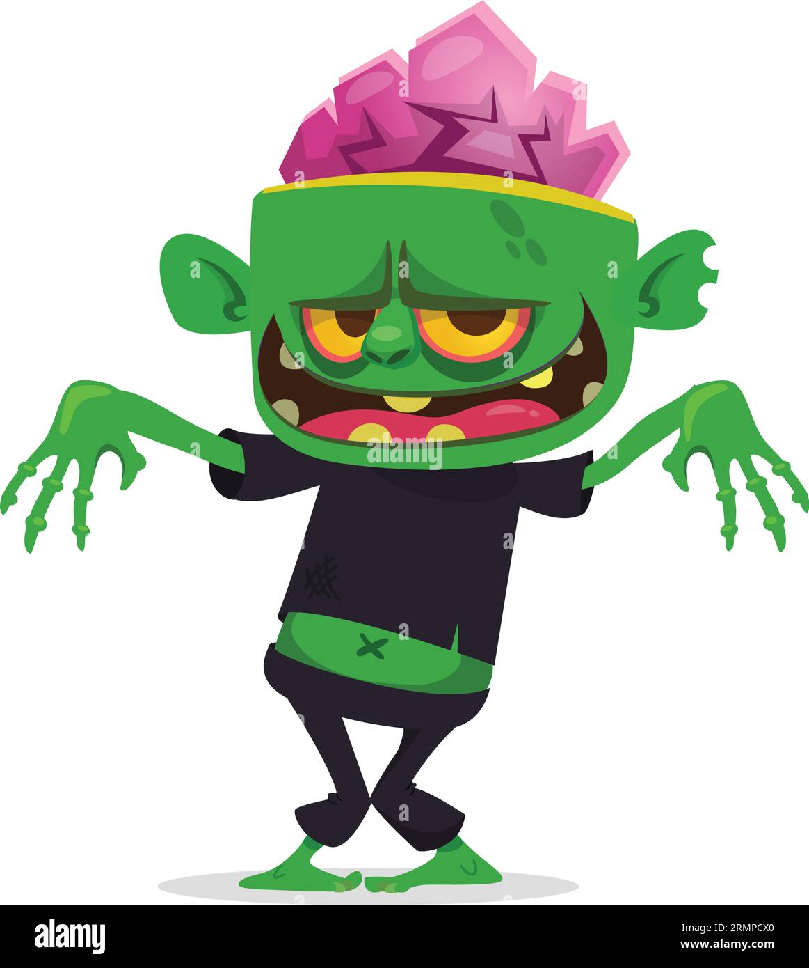 Lustiger grüner Zombie mit rosafarbenem Gehirn außerhalb des Kopfes. „Walking Dead“-Charakter. Halloween Vektor Illustration isoliert Stock Vektor