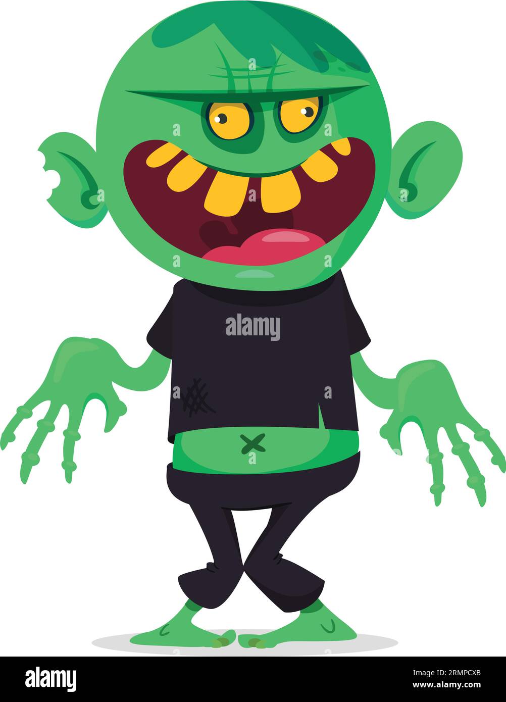 Lustiger grüner Zombie mit rosafarbenem Gehirn außerhalb des Kopfes. „Walking Dead“-Charakter. Halloween Vektor Illustration isoliert Stock Vektor