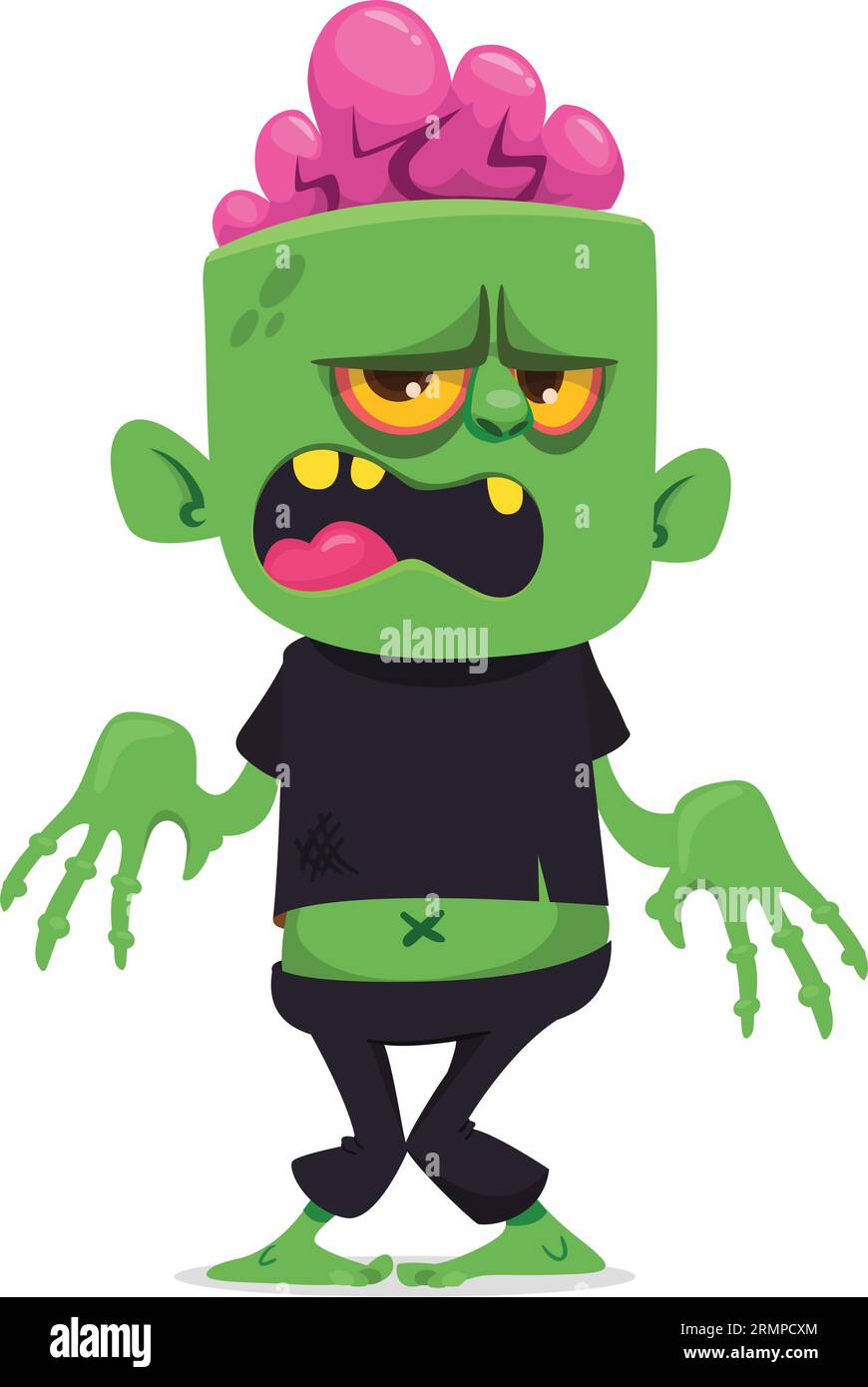 Lustiger grüner Zombie mit rosafarbenem Gehirn außerhalb des Kopfes. „Walking Dead“-Charakter. Halloween Vektor Illustration isoliert Stock Vektor