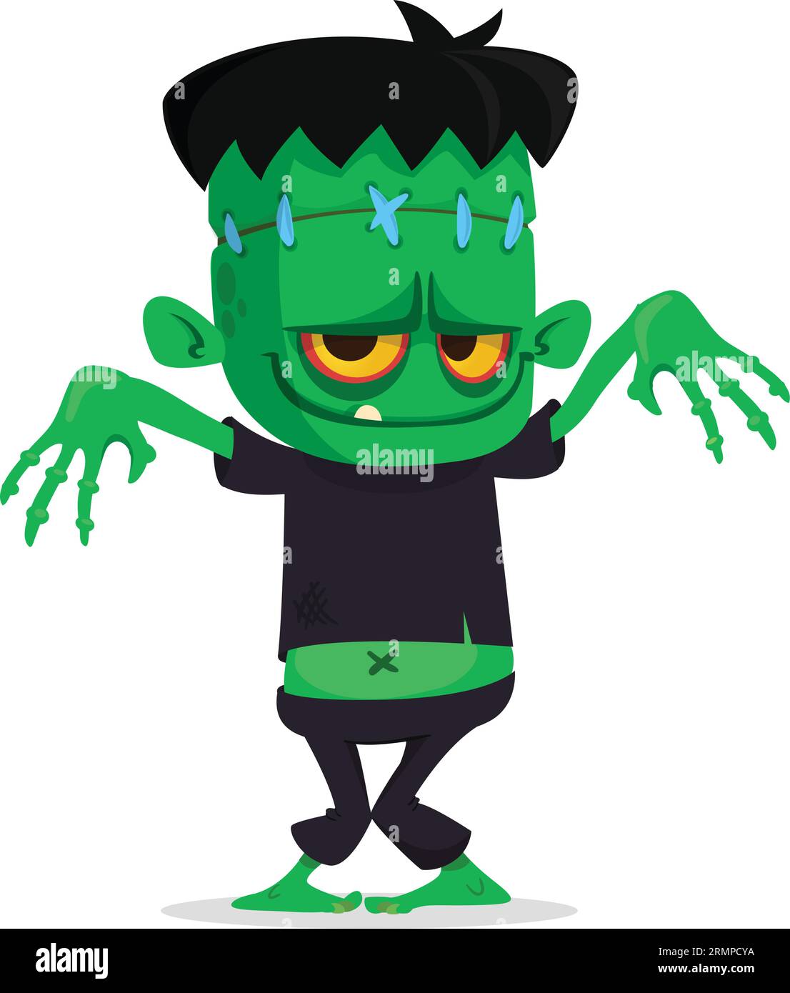 Lustiger grüner Zombie mit rosafarbenem Gehirn außerhalb des Kopfes. „Walking Dead“-Charakter. Halloween Vektor Illustration isoliert Stock Vektor