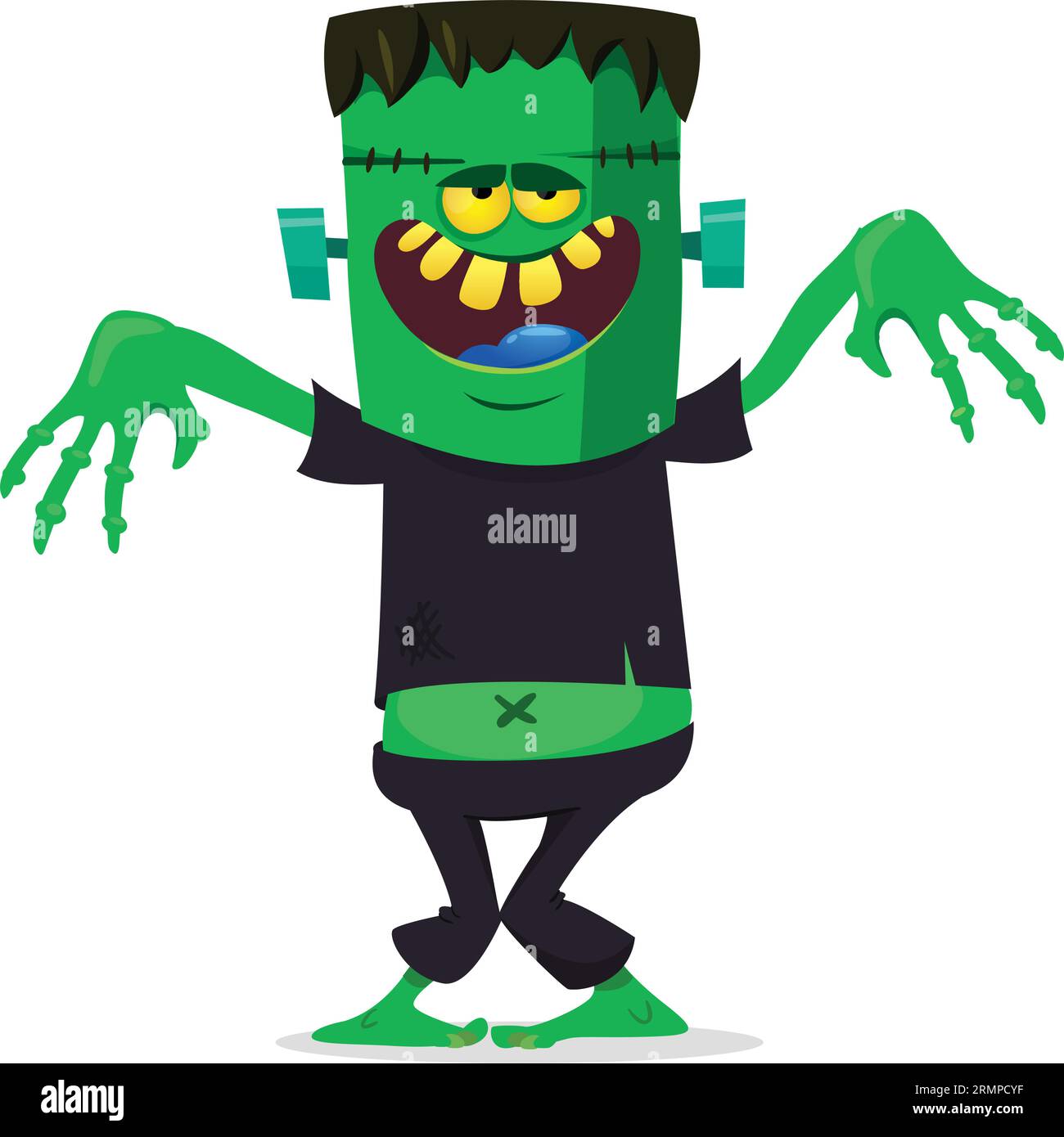 Lustiger grüner Zombie mit rosafarbenem Gehirn außerhalb des Kopfes. „Walking Dead“-Charakter. Halloween Vektor Illustration isoliert Stock Vektor