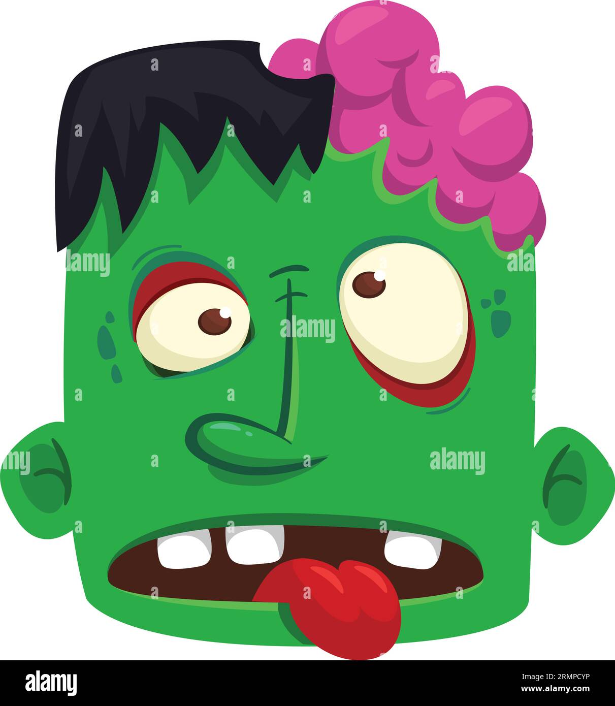 Karikatur wütender Zombiekopf. Halloween-Vektor-Illustration des lustigen Zombiestöhnens mit weit offenem Mund voller Zähne. Ideal für Dekoration oder Paket d Stock Vektor