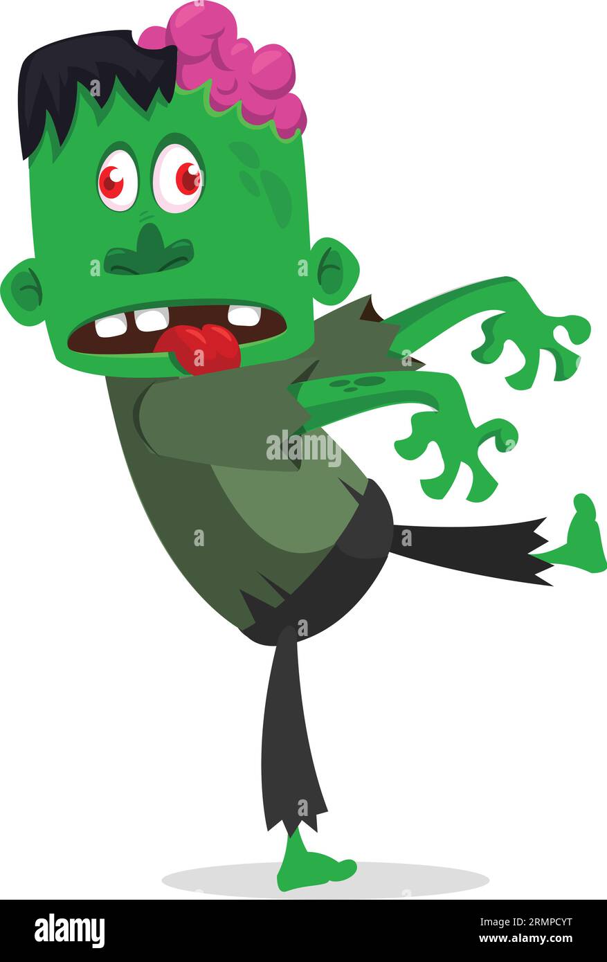 Lustiger grüner Zombie mit rosafarbenem Gehirn außerhalb des Kopfes. „Walking Dead“-Charakter. Halloween Vektor Illustration isoliert Stock Vektor