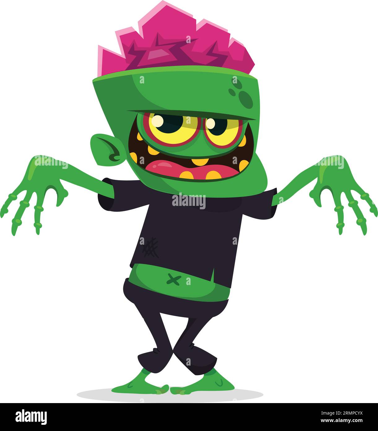 Lustiger grüner Zombie mit rosafarbenem Gehirn außerhalb des Kopfes. „Walking Dead“-Charakter. Halloween Vektor Illustration isoliert Stock Vektor