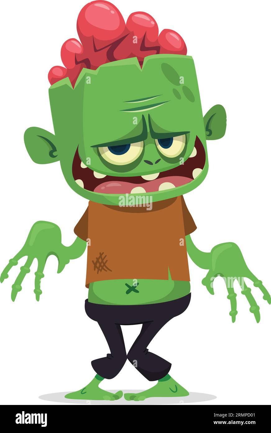 Lustiger grüner Zombie mit rosafarbenem Gehirn außerhalb des Kopfes. „Walking Dead“-Charakter. Halloween Vektor Illustration isoliert Stock Vektor