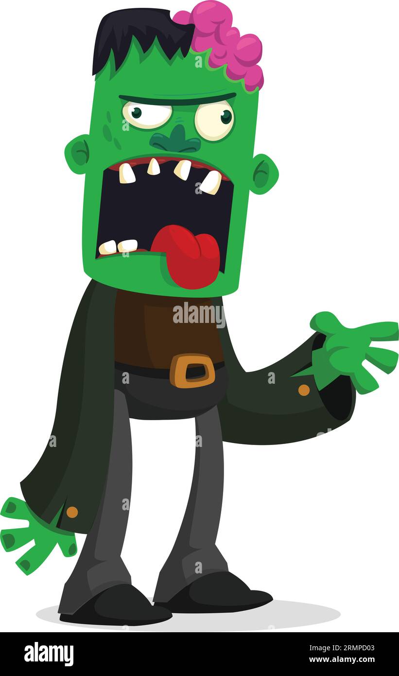 Lustiger grüner Zombie mit rosafarbenem Gehirn außerhalb des Kopfes. „Walking Dead“-Charakter. Halloween Vektor Illustration isoliert Stock Vektor