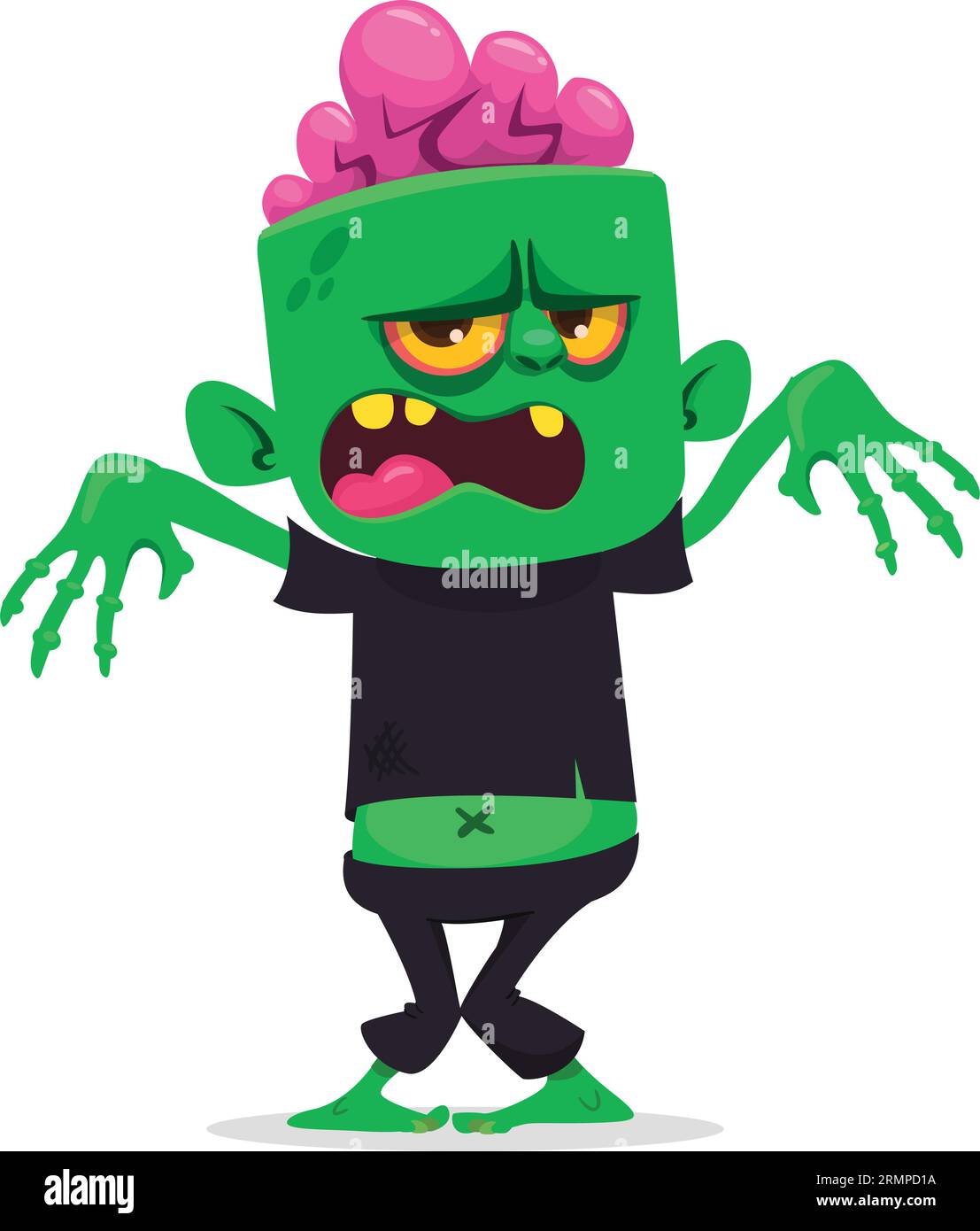 Lustiger grüner Zombie mit rosafarbenem Gehirn außerhalb des Kopfes. „Walking Dead“-Charakter. Halloween Vektor Illustration isoliert Stock Vektor