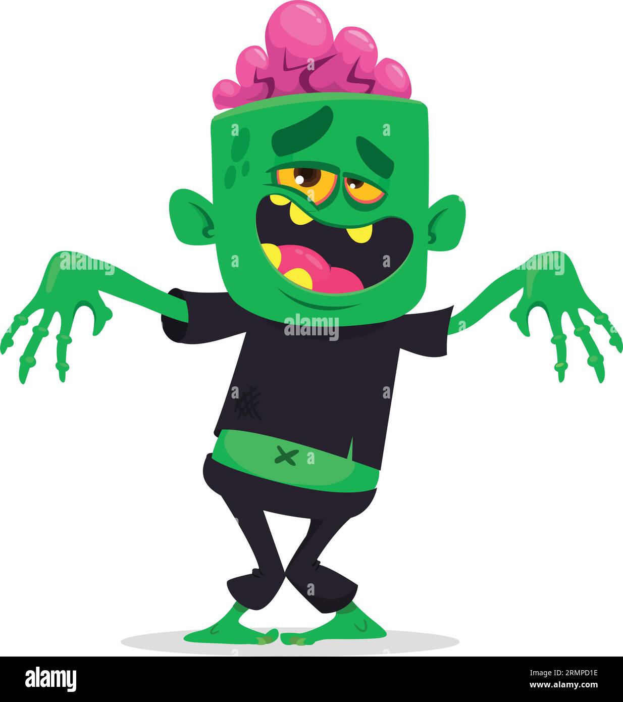 Lustiger grüner Zombie mit rosafarbenem Gehirn außerhalb des Kopfes. „Walking Dead“-Charakter. Halloween Vektor Illustration isoliert Stock Vektor