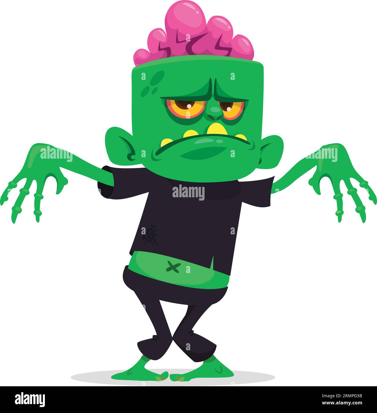 Lustiger grüner Zombie mit rosafarbenem Gehirn außerhalb des Kopfes. „Walking Dead“-Charakter. Halloween Vektor Illustration isoliert Stock Vektor