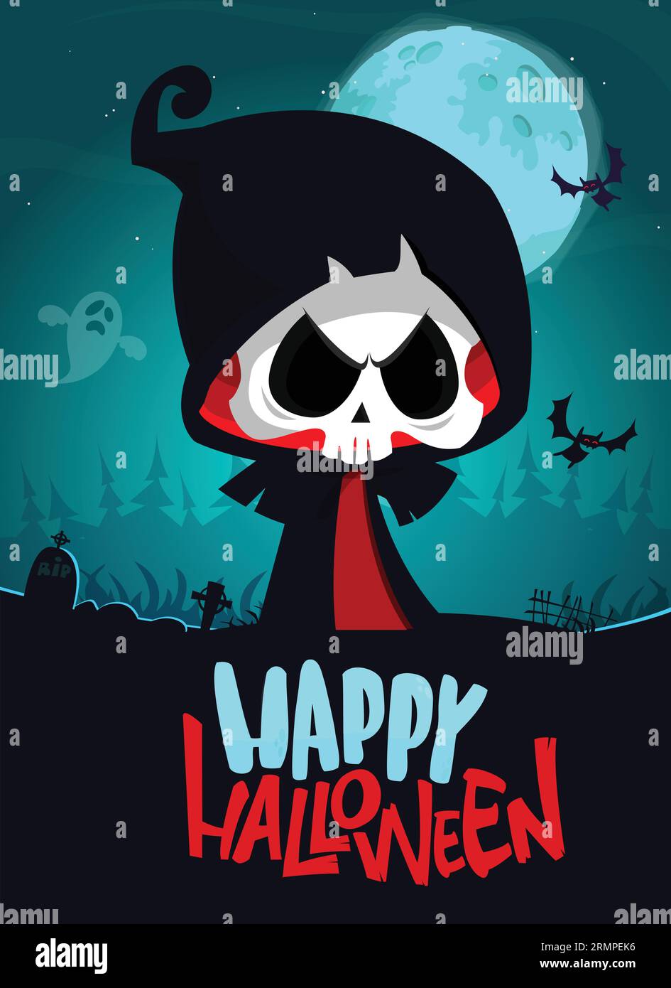 Grimmige Reaper-Zeichentrickfigur mit Sense. Halloween lustige Totenskelett Illustration. Gestaltung von Paketen, Postern oder Grußeinladungen. Vektor isoliert Stock Vektor