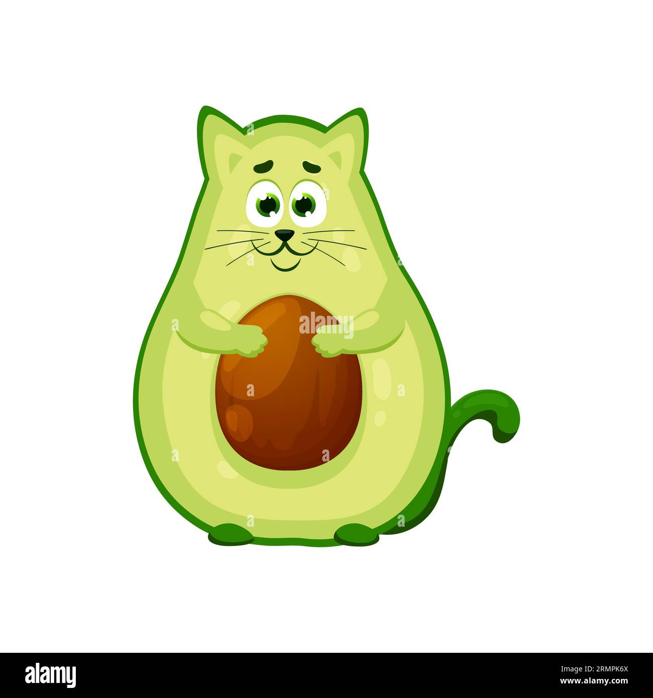 Comic-Avocado-Katzenfigur. Isolierte Vektor entzückende skurrile Persönlichkeit, die den Charme eines Kätzchens mit der Niedlichkeit eines Avocadogemüse kombiniert. Stock Vektor