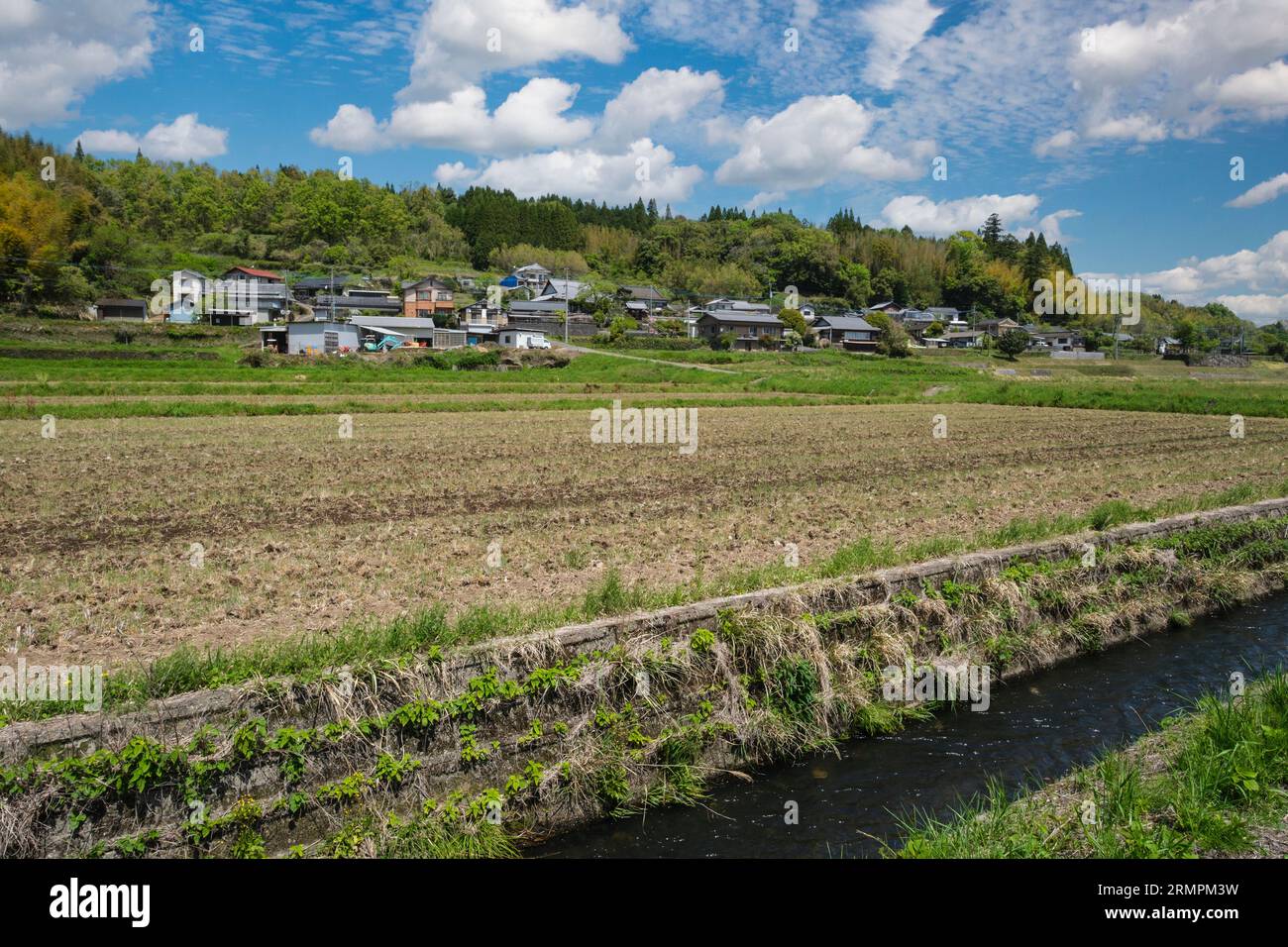 Japan, Kyushu, Bezirk Bungo Ono. Bewässerte landwirtschaftliche Felder und Häuser. Präfektur Oita. Stockfoto