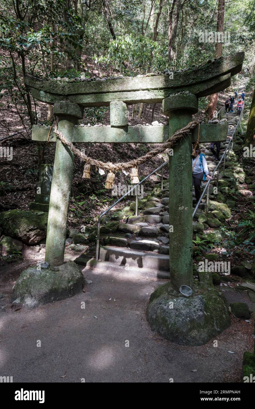 Japan, Kyushu. Torii-Tor und Shimenawa-Seil am Anfang der Steintreppe, die zu den buddhistischen Steinreliefschnitzereien Kumano Magaibutsu führt. Präfektur Oita. Stockfoto