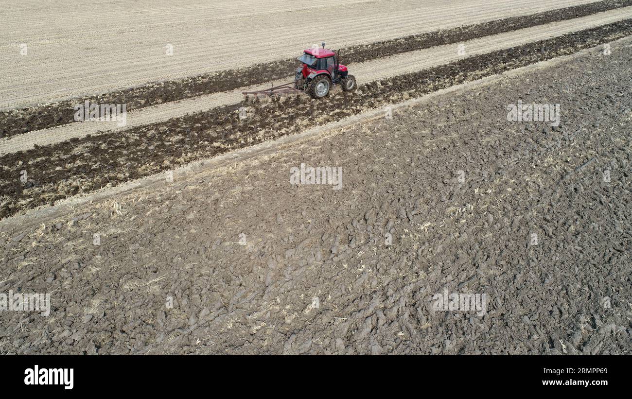 Landwirte fahren Traktoren, um das Land auf dem Bauernhof zu pflügen Stockfoto