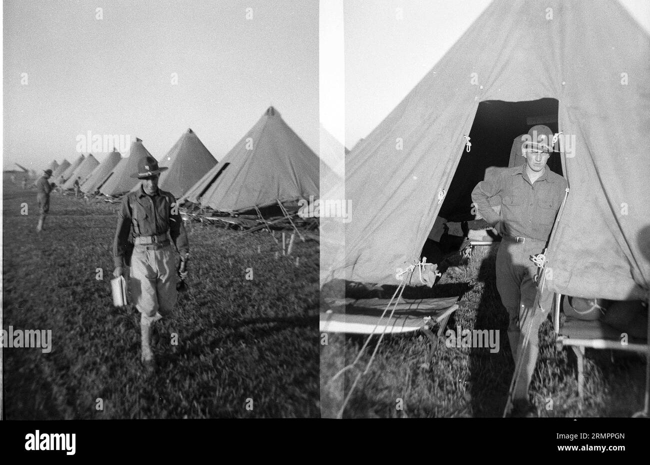 Soldat und Zelte. Mitglieder der 114. Infanteriedivision der US-Armee trainieren im Zweiten Weltkrieg gegen Deutschland in Europa. Stockfoto