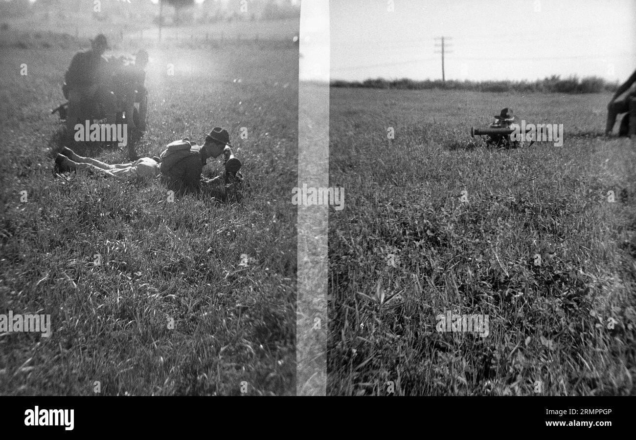 Soldat übt mit Bazooka. Mitglieder der 114. Infanteriedivision der US-Armee trainieren im Zweiten Weltkrieg gegen Deutschland in Europa. Stockfoto