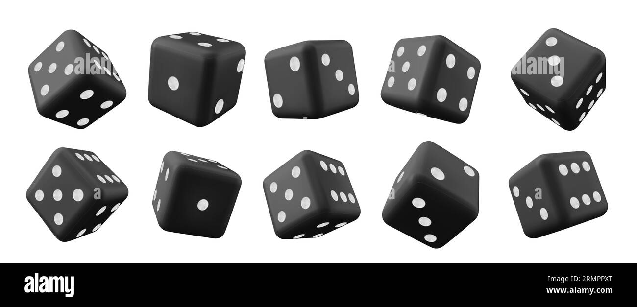 Realistischer Satz von 3D-schwarzen Würfeln isoliert auf weißem Hintergrund. Vektor-Illustration von Casino-Spielwürfeln mit Punkten an den Seiten, Symbol für Glücksspiel-Wettbewerb, Gewinnchance, Glück und Glück, Risiko Stock Vektor