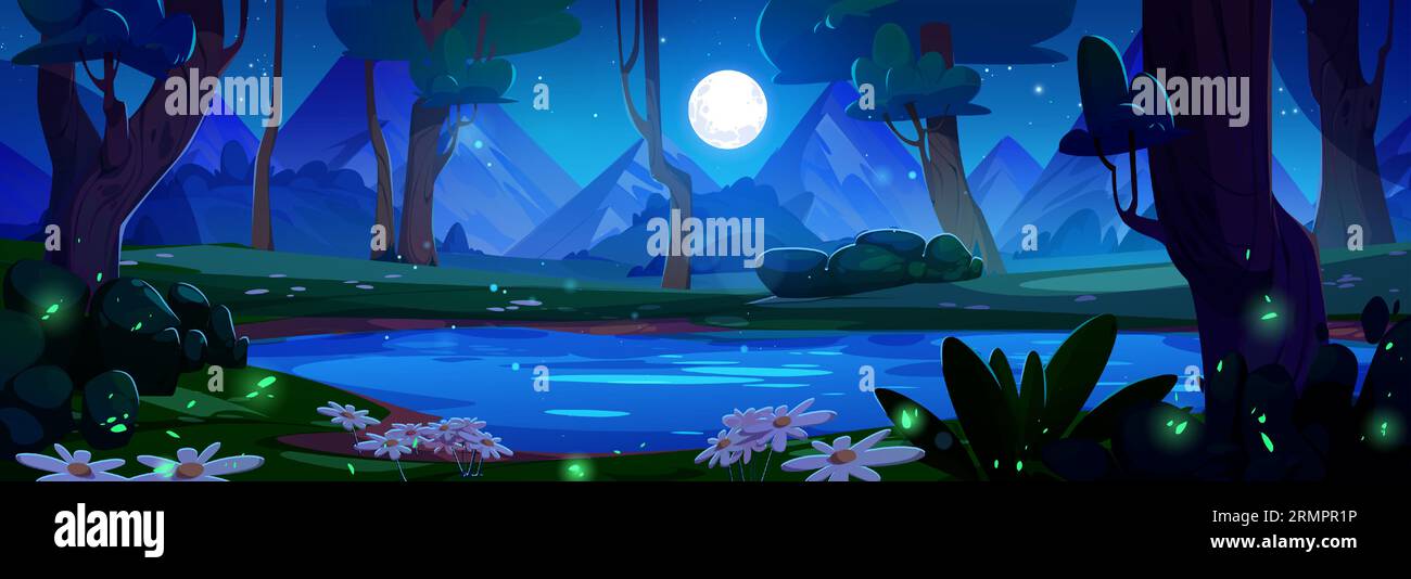 Lake in Forest Night Cartoon Hintergrund. Panoramalandschaft von Wasserteich umgeben von Bäumen, grünem Gras und Blumen gegen Berge im Mondlicht. Nacht Fantasy Naturszene mit Glühwürmchen Stock Vektor