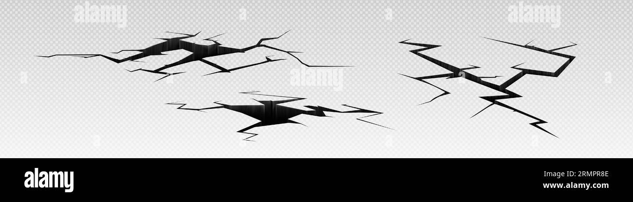 Bodenrisse 3D-Effekt – realistische Erdbebenlöcher in Boden oder Betonoberfläche. Gebrochene und beschädigte Wand oder Boden. Vektorillustration Set von zerstörter abgestürzter Landfläche mit Rissstruktur. Stock Vektor