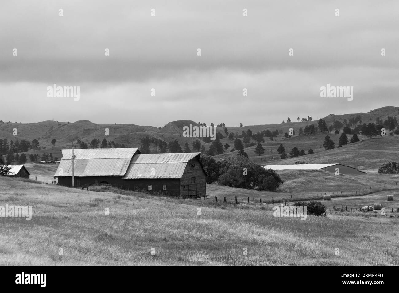 Ein Bauernhaus auf einem Hügel, bedeckt mit üppigem Gras in Graustufen Stockfoto