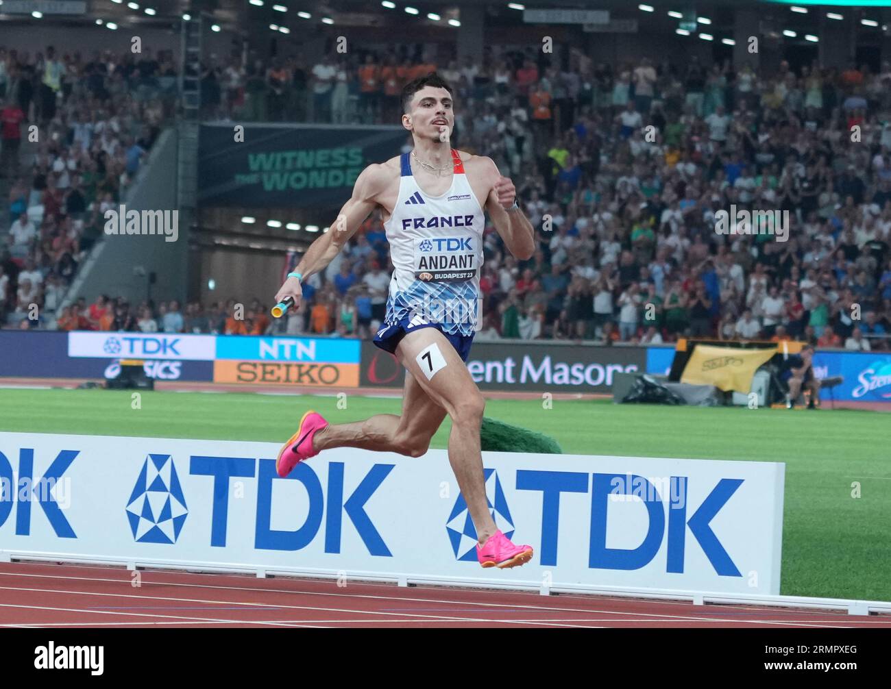 Budapest, Ungarn. 27. August 2023. Téo ANDANT von FRA Final 4X400M METER STAFFEL MÄNNER während der Weltmeisterschaften 2023 am 27. August 2023 in Nemzeti Atletikai Kozpont in Budapest, Ungarn. Foto Laurent Lairys/ABACAPRESS.COM Credit: Abaca Press/Alamy Live News Stockfoto