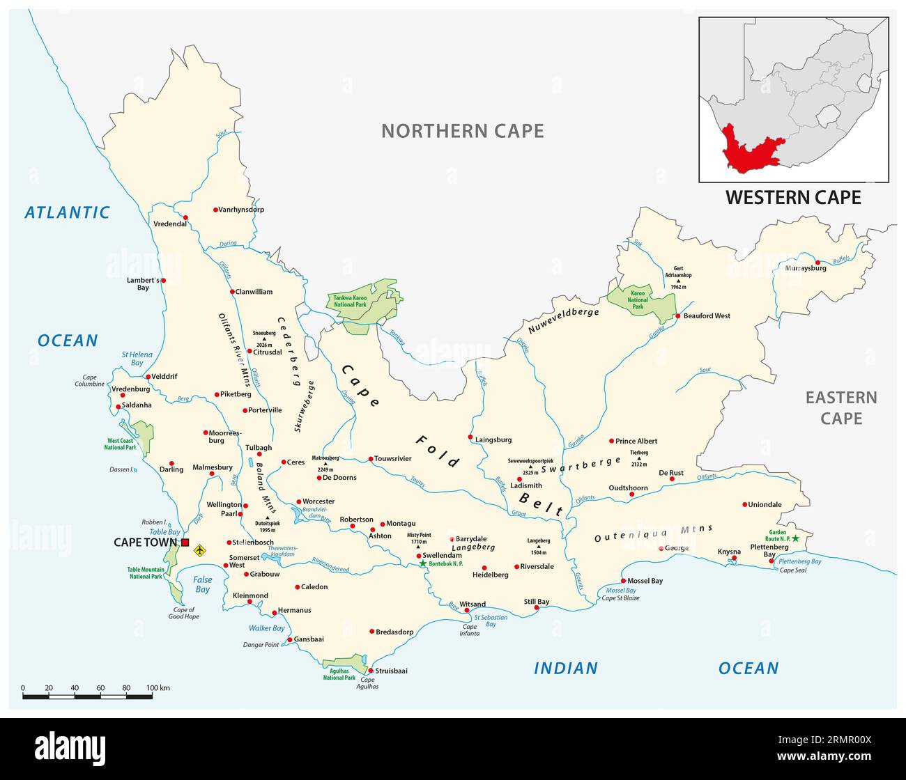 Vektorkarte der Westkap-Provinz, Südafrika Stockfoto