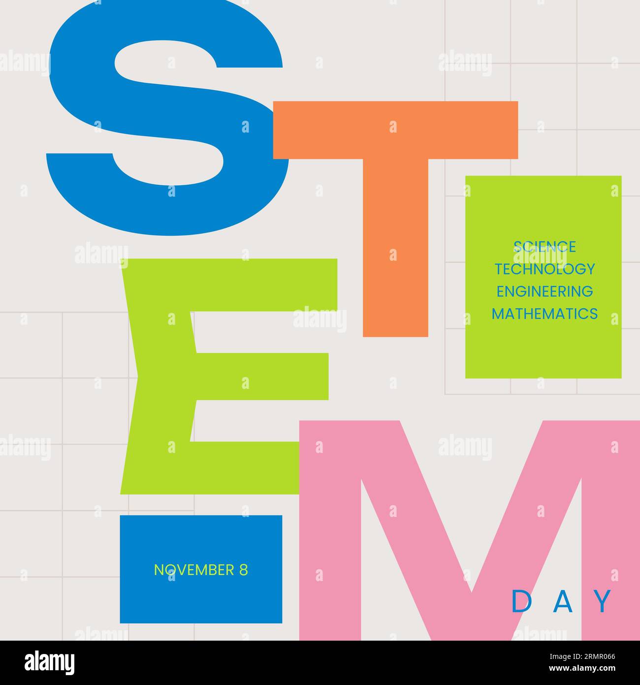 Illustration des farbenfrohen STEM-Tages, 8. november, Wissenschaft, Technologie, Ingenieurwesen, mathematischer Text Stockfoto