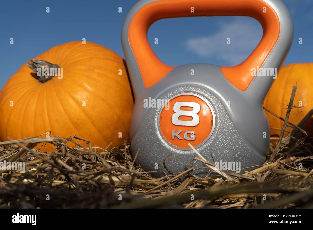 Kettlebell und Orangenkürbisse auf dem Heu, auf der Kürbispflasterfarm. Gym Workout, Sport Training Herbst Komposition für Halloween oder Thanksgiving. Stockfoto