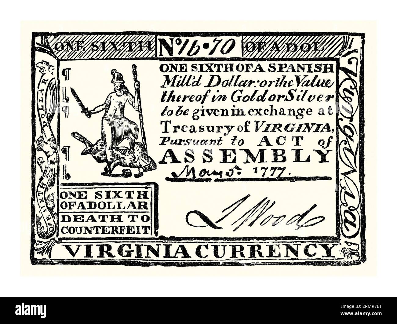 Ein alter Gravur von Papierwährung – ein Sechstel eines Dollarscheines – wurde 1777 in Virginia, USA, verwendet. Es stammt aus einem amerikanischen Geschichtsbuch aus dem Jahr 1895. Nach Beginn des Amerikanischen Unabhängigkeitskrieges 1775 begann der Kontinentalkongress mit der Ausgabe von Papiergeld, das als Kontinentalwährung oder Kontinentalwährung bekannt ist. Diese Währung lautete in Dollar von 1/6 bis 80 Dollar. Ein großes Problem bestand darin, dass die Geldpolitik nicht zwischen den staaten koordiniert wurde. Ein weiteres Problem war, dass die Briten erfolgreich Wirtschaftskriege führten, indem sie Kontinentals in großem Stil fälschten (siehe Anmerkung unten links auf der Rechnung). Stockfoto