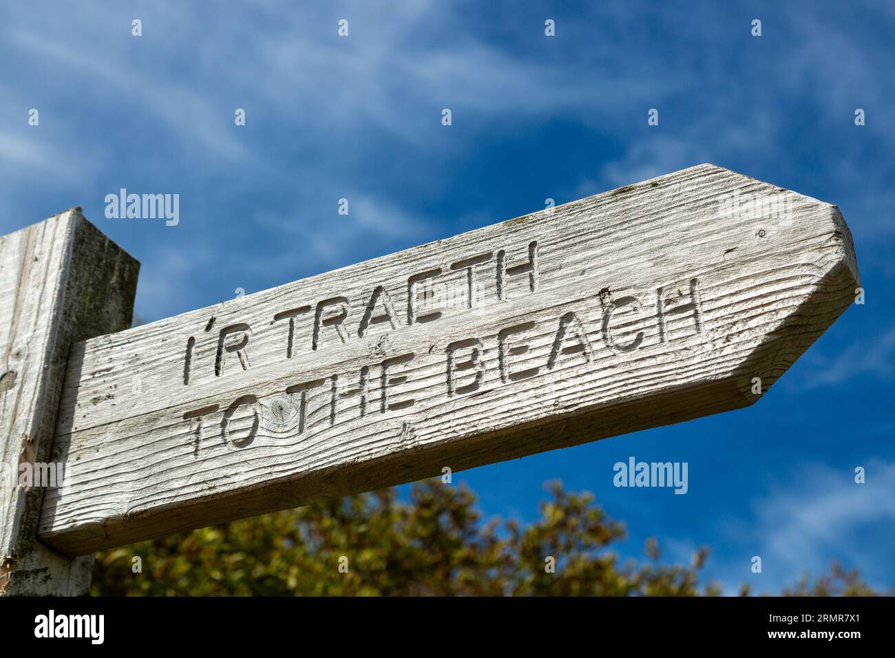 Ein hölzerner Schild mit der Aufschrift „zum Strand“ auf Englisch und Walisisch, „ir Traeth“, Traeth Porthor, Halbinsel llyn, gwynedd, Wales Stockfoto