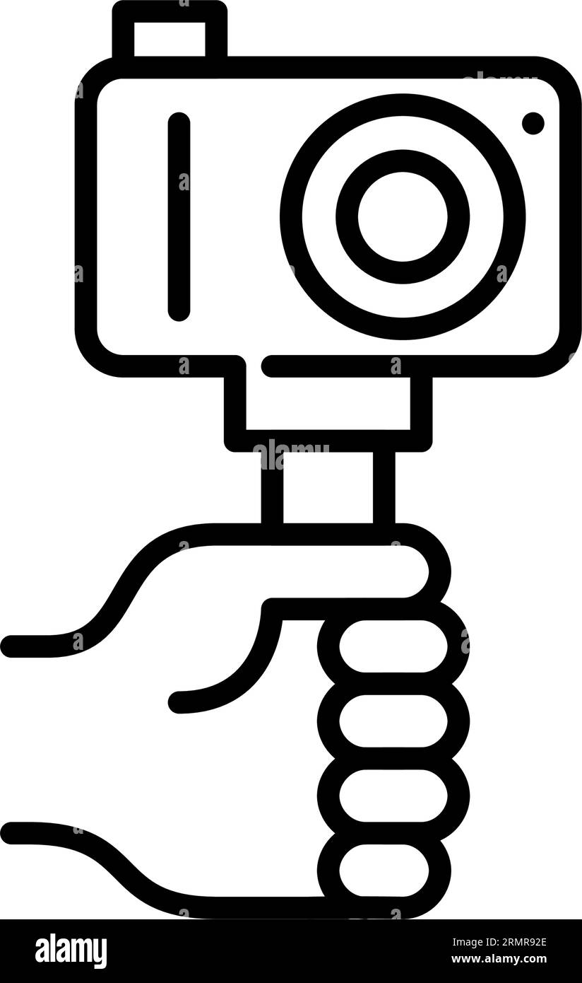 Die Hand hält eine Kamera auf einem Selfie-Stick. Filmen von Vlogs oder Nachrichteninhalten. Pixel perfekter, bearbeitbarer Hub Stock Vektor