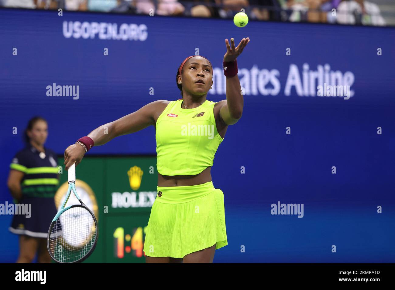 New York, Etats Unis. 28. August 2023. Coco Gauff aus den USA am 1. Tag der US Open Tennis Championships 2023, Grand Slam Tennis Turnier am 28. August 2023 im USTA Billie Jean King National Tennis Center in New York, USA - Foto Jean Catuffe/DPPI Credit: DPPI Media/Alamy Live News Stockfoto