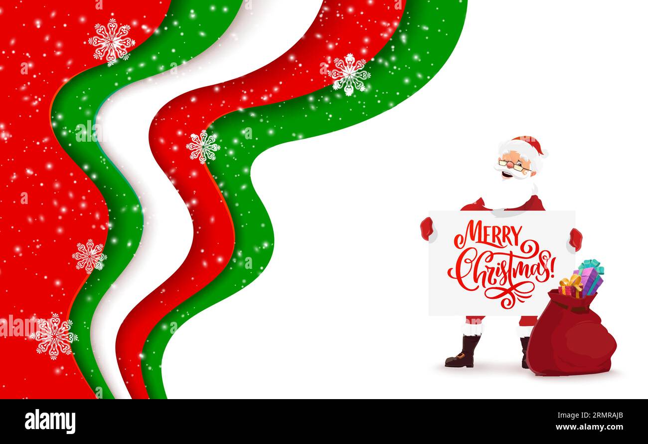 Cartoon Santa mit Banner in den Händen. Weihnachtsgrußkarte mit Wellen. Vektor lustiger Vater Noel mit Geschenken in der Tasche mit Weihnachtsplakat mit festlichen Grüßen, Schneeflocken und 3D wellenförmigem Rahmen Stock Vektor