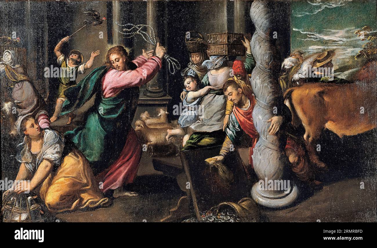 Ippolito Scarsella nannte Scarsellino, der die Kaufleute aus dem Tempel trieb, Gemälde in Öl auf Leinwand, 1580-1585 Stockfoto