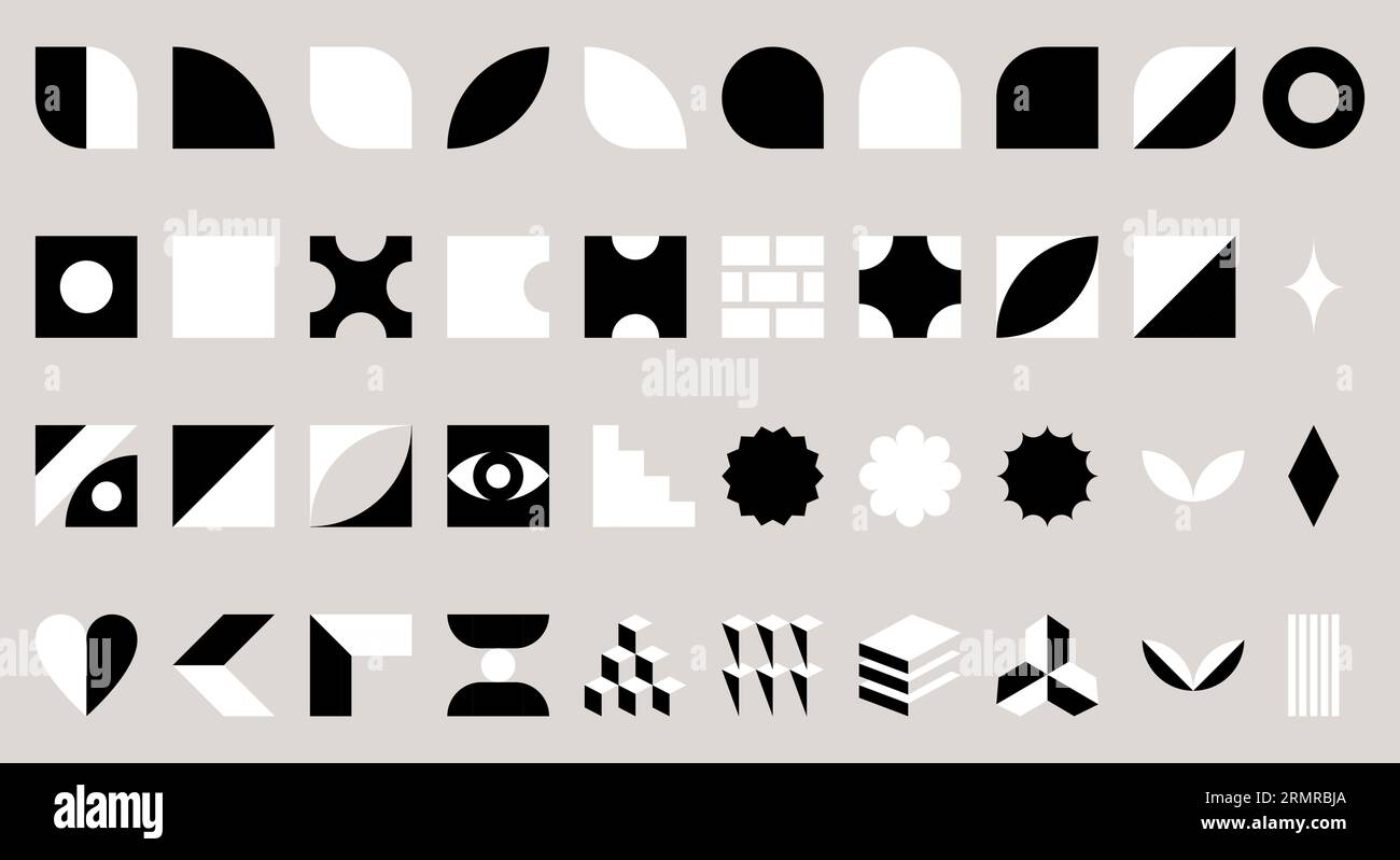 Einfache geometrische Formen inspiriert von Schweizer Minimalismus, Bauhaus, Brutalismus, Retrofuturismus. Abstrakte Designelemente festgelegt. Schwarz-weiß-Vektor isoliert Stock Vektor